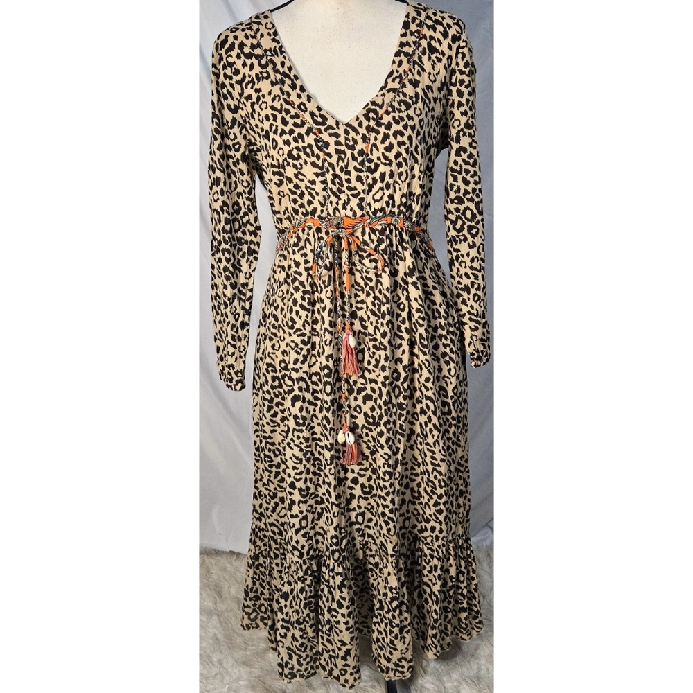 Leon & Harper Leopard Animal Print Maxi Dress Long Sleeve Boho Tassel Beige Boho